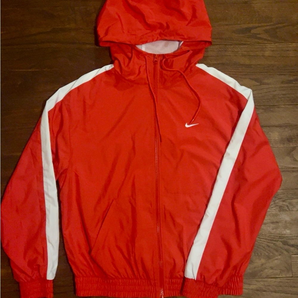 Nike Red Hooded Windbreaker with White Sleeve Stripes